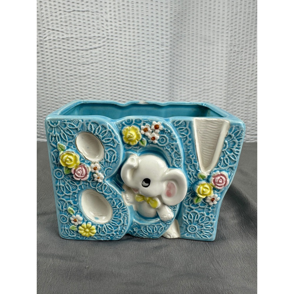 Vintage Lefton Baby Boy Elephant Blue Planter Decor Japan‎ 02678 Music box